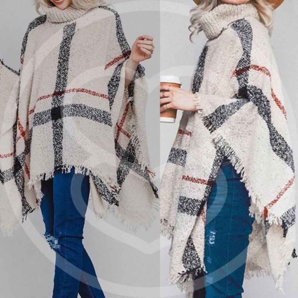 MARI Plaid Autumn Feels Poncho  - black - Picture 3 of 5